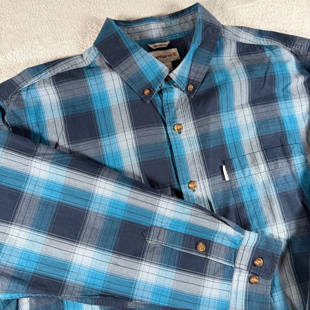 Carhartt Button Down Shirt Mens XL Blue Plaid Relaxed Fit 102278 412 Long Sleeve